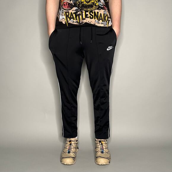 Nike Sweatpants Jet Black Polyester Joggers White Swoosh - Picture 2 of 4